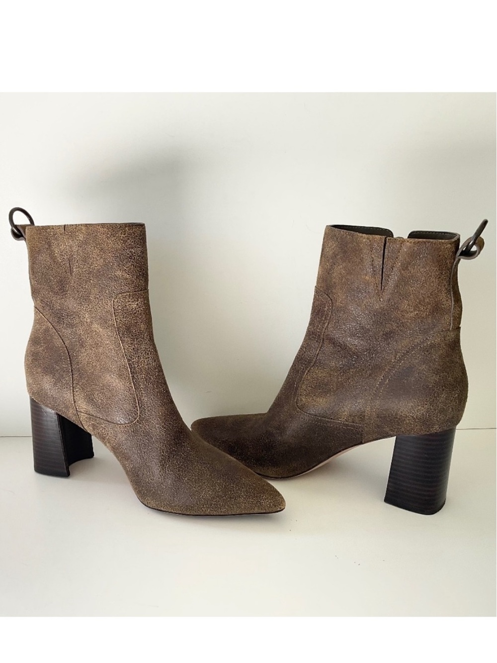 PAIGE Callan Distressed Brown Pointed Toe Ankle Block Heel Boot Size 10